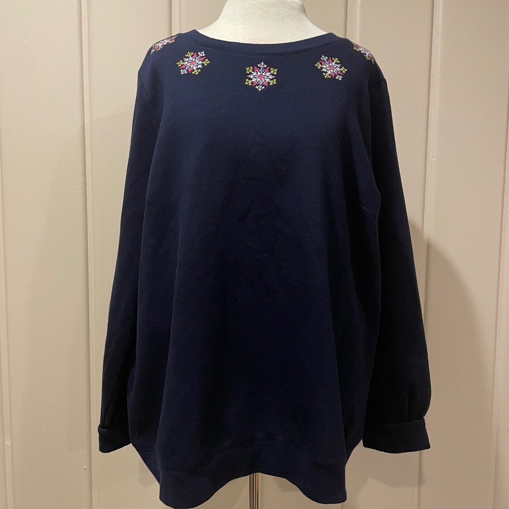 NWT Talbots Plus Size 2X Navy Snowflake Embroidered Crewneck Sweatshirt Cozy